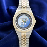 Elegant 67th Star Sapphire Wedding Anniversary Horloge<br><div class="desc">Celebrate the 67th star sapphire wedding anniversary with this commemorative watch! Elegant lettering with stylized stars twinkling on a sapphire blue background add a memorable touch for this special occasion and extraordinary milestone. Customize with couple's names, dates of marriage, and congratulatory messages. Design © W.H. Sim. See more at zazzle.com/expressionsoccasions...</div>