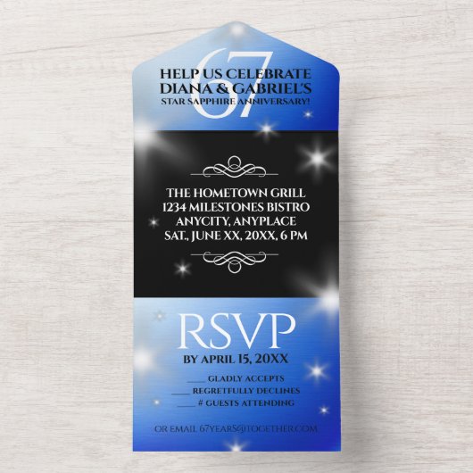 Elegant 67th Star Sapphire Wedding Jubileum All In One Uitnodiging (Binnen)