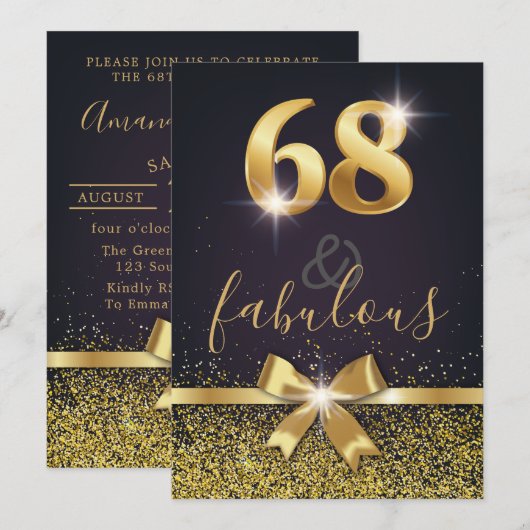 Elegant 68 & Fabulous Gold Glitter 68th Birthday Kaart (Voorkant / Achterkant)