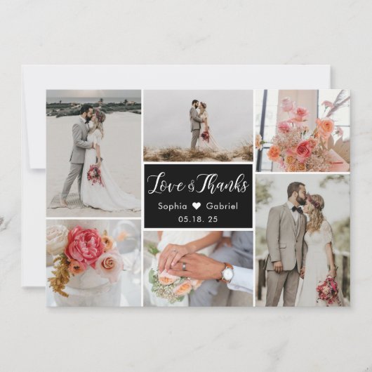 Elegant 6 Foto Collage Black and White Wedding Bedankkaart (Voorkant)