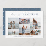 Elegant 6 Foto Collage Happiest Hanukkah Feestdagenkaart<br><div class="desc">Deel de vrolijkheid met deze moderne,  minimale Hanukkah-vakantiekaarten met 6 van uw favoriete foto's in een horizontale rastercollage. De "gelukkigste Hanukkah" staat bovenaan in handgeschreven kalligrafie en klassiek serif lettering. Pas dit elegante minimalistische ontwerp aan met uw familienaam en het jaar eronder.</div>