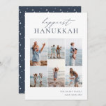 Elegant 6 Foto Collage Happiest Hanukkah Feestdagenkaart<br><div class="desc">Deel de eer met deze moderne Hanukkah-vakantiekaarten met 6 van uw favoriete foto's in een rastercollage. De "gelukkigste Hanukkah" staat bovenaan in handgeschreven kalligrafie en klassiek serif lettering. Pas uw familienaam aan en het jaar rechtsonder aan.</div>