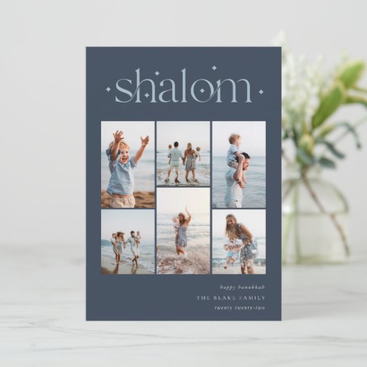 Elegant 6 Foto Collage Shalom Hanukkah Feestdagenkaart (Staand voorkant)