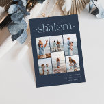 Elegant 6 Foto Collage Shalom Hanukkah Feestdagenkaart<br><div class="desc">Deel de eer met deze moderne Hanukkah-vakantiekaarten met 6 van uw favoriete foto's in een rastercollage. "Shalom" staat bovenaan in verbonden letters voorzien van kleine sterren. Pas uw vakantiegroet,  familienaam en het jaar rechts aan.</div>