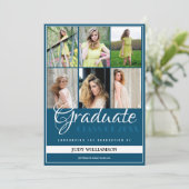 Elegant 6 Fotocollage Blauw en Wit Afstuderen Aankondiging (Staand voorkant)