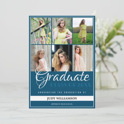 Elegant 6 Fotocollage Blauw en Wit Afstuderen Aankondiging (Staand voorkant)