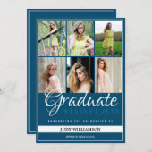 Elegant 6 Fotocollage Blauw en Wit Afstuderen Aankondiging (Voorkant / Achterkant)