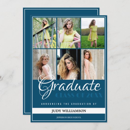 Elegant 6 Fotocollage Blauw en Wit Afstuderen Aankondiging (Voorkant / Achterkant)