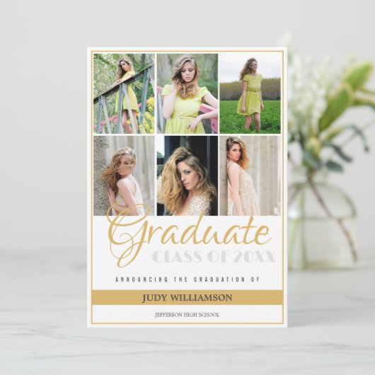 Elegant 6 Fotocollage Wit en Goud Afstuderen Aankondiging (Staand voorkant)