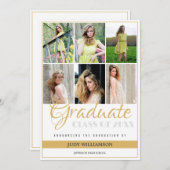 Elegant 6 Fotocollage Wit en Goud Afstuderen Aankondiging (Voorkant / Achterkant)