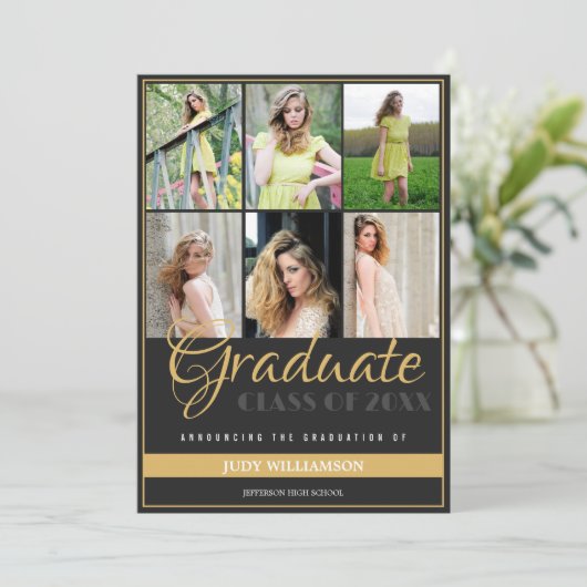 Elegant 6 Fotocollage Zwart en Goud Afstuderen Aankondiging (Staand voorkant)
