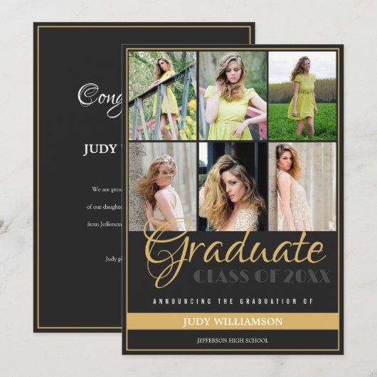 Elegant 6 Fotocollage Zwart en Goud Afstuderen Aankondiging (Voorkant / Achterkant)