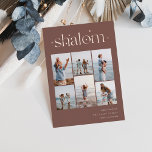 Elegant 6 Photo Collage Shalom Hanukkah Folie Feestdagenkaart<br><div class="desc">Share cheer with these modern Hanukkah holiday cards featuring 6 of your favorite photos in a grid collage layout. "Shalom" appears at the top in rose gold foil connected lettering adorned with tiny stars. Personalize with your holiday greeting,  family name and the year at the lower right.</div>