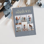 Elegant 6 Photo Collage Shalom Hanukkah Folie Feestdagenkaart<br><div class="desc">Share cheer with these modern Hanukkah holiday cards featuring 6 of your favorite photos in a grid collage layout. "Shalom" appears at the top in gold foil connected lettering adorned with tiny stars. Personalize with your holiday greeting,  family name and the year at the lower right.</div>