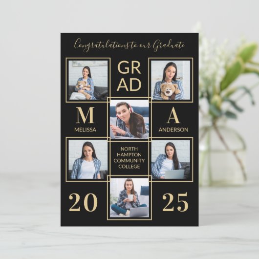 Elegant 6 Photo Personal Black Gold Afstuderen Kaart (Staand voorkant)