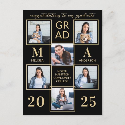 Elegant 6 Photo Personal Black Gold Afstuderen Uitnodiging Briefkaart (Voorkant)