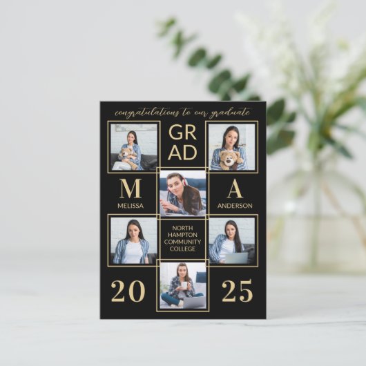 Elegant 6 Photo Personal Black Gold Afstuderen Uitnodiging Briefkaart (Staand voorkant)