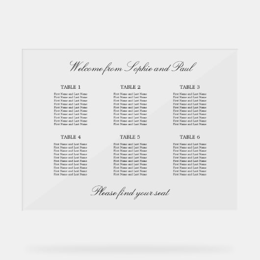 Elegant 6 tafel zitplaatsen kaart Acryl teken Acryl Bord (Voorkant)