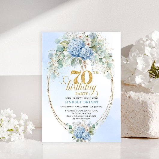 Elegant 70 Birthday Pastel Blue Floral Invitation Kaart