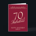 Elegant 70 en Fabulous Ornament 70th Birthday Kaart<br><div class="desc">Elegant 70 en Fabulous Ornament 70ste verjaardag Kaart. 70 en prachtige tekst in trendy gouden schrift en een elegant ornament op een rode achtergrond. Personaliseer het met jouw naam en uw leeftijd,  en maak gepersonaliseerde elegante verjaardagskaart. Voeg je verjaardagsbriefje toe aan de kaart of wis het.</div>