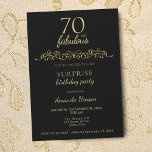 Elegant 70 en Fabulous Ornament 70th Birthday Kaart<br><div class="desc">Elegant 70 en Fabulous Ornament 70th Birthday Kaart. 70 en fabelachtige tekst in trendy gouden schrift en een elegant ornament op zwarte achtergrond. Personaliseer de uitnodiging.</div>
