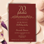 Elegant 70 en Fabulous Ornament 70th Birthday Kaart<br><div class="desc">Elegant 70 en Fabulous Ornament 70th Birthday Kaart. 70 en fabelachtige tekst in trendy gouden schrift en een elegant ornament op een rode achtergrond. Personaliseer de uitnodiging.</div>