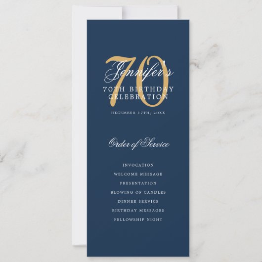 Elegant 70e Programma Goud Marineblauw Menu + Dank (Voorkant)