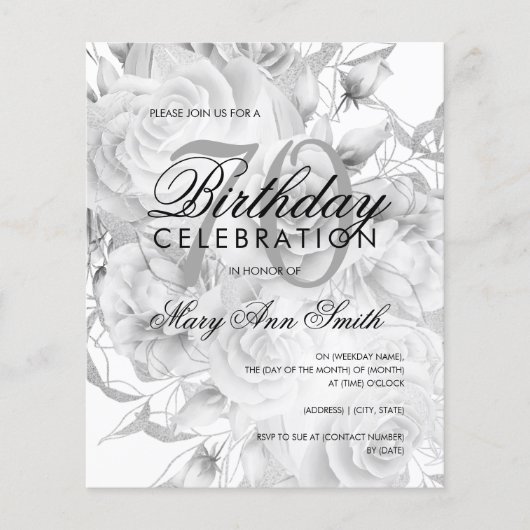 Elegant 70e verjaardag Floral Silver White Invite (Voorkant)