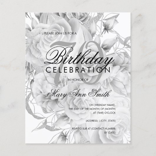 Elegant 70e verjaardag Floral Silver White Invite Flyer (Voorkant)