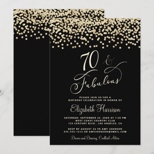Elegant 70e verjaardag Gold Glitter Black Kaart (Voorkant / Achterkant)