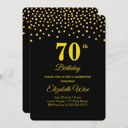 Elegant 70e verjaardag & gouden Confetti op zwart Kaart (Voorkant / Achterkant)