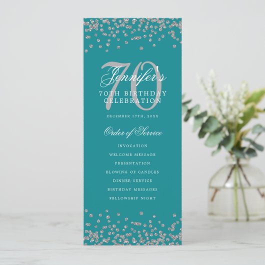 Elegant 70e Verjaardag Programma Zilver Menu Blauw (Staand voorkant)