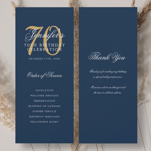 Elegant 70e verjaardagsprogramma goud marineblauw kaart