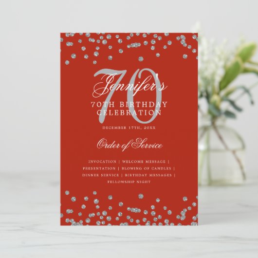 Elegant 70e verjaardagsprogramma menu zilver rood kaart (Staand voorkant)