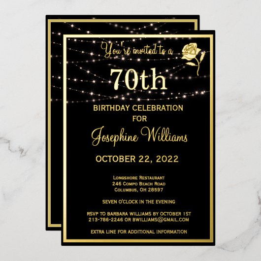 Elegant 70e zevenenzeventigste verjaardag (zwart - folie uitnodiging (Voorkant / Achterkant)