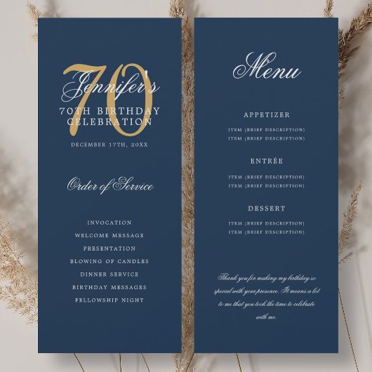 Elegant 70ste Programma Goud Marineblauw Menu+Dank