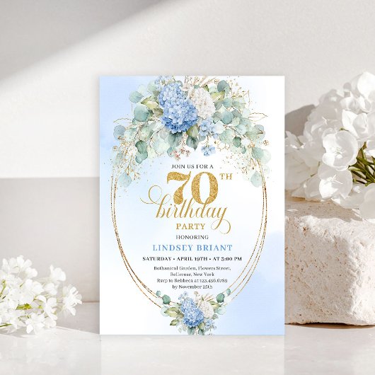 Elegant 70th Birthday Blue Hydrangea Gold Invites Kaart