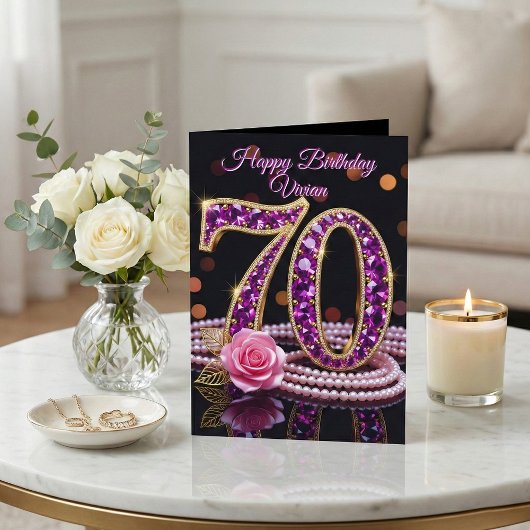 Elegant 70th Birthday Gold Purple Amethyst Rose  Kaart