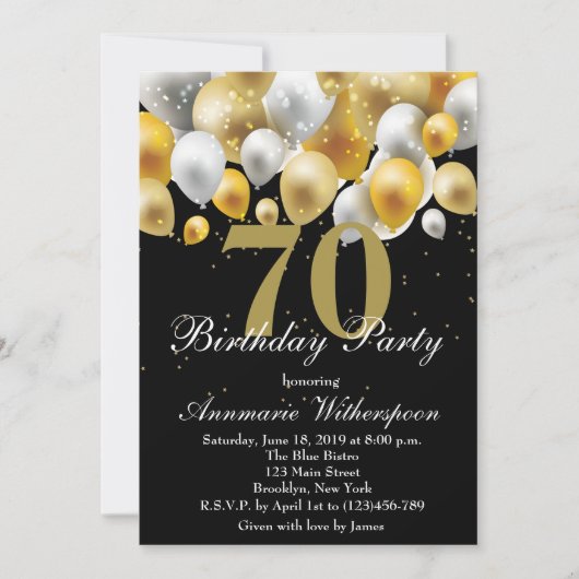 Elegant 70th Birthday Invitation Gold Balloons Kaart (Voorkant)
