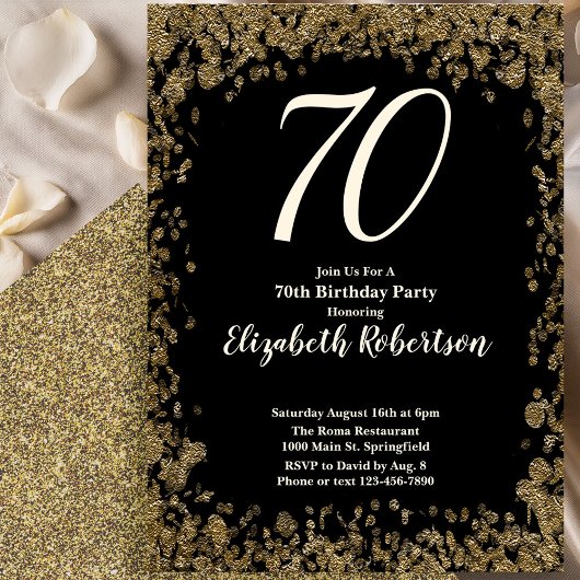 Elegant 70th Birthday Invitation With Gold Sequins Kaart