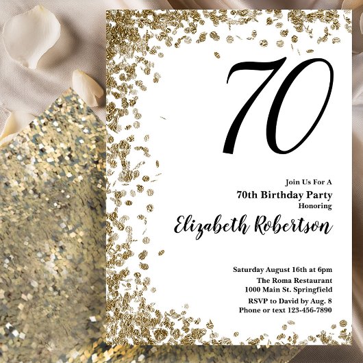 Elegant 70th Birthday Invitation With Gold Sequins Kaart