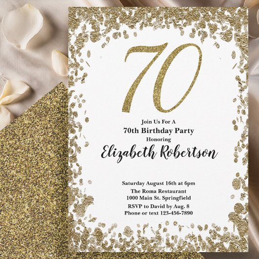 Elegant 70th Birthday Invitation With Gold Sequins Kaart