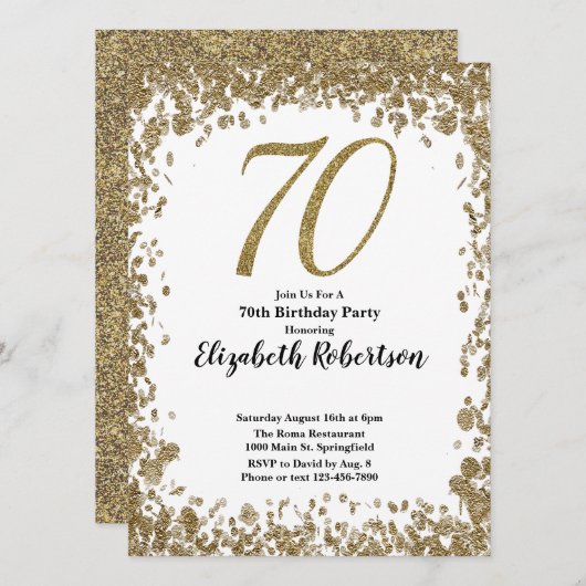 Elegant 70th Birthday Invitation With Gold Sequins Kaart (Voorkant / Achterkant)