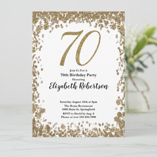 Elegant 70th Birthday Invitation With Gold Sequins Kaart (Staand voorkant)