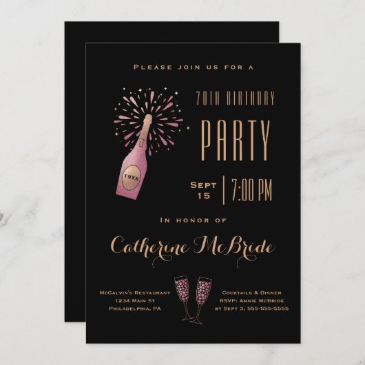 Elegant 70th Birthday Party Black Gold Champagne Kaart (Voorkant / Achterkant)