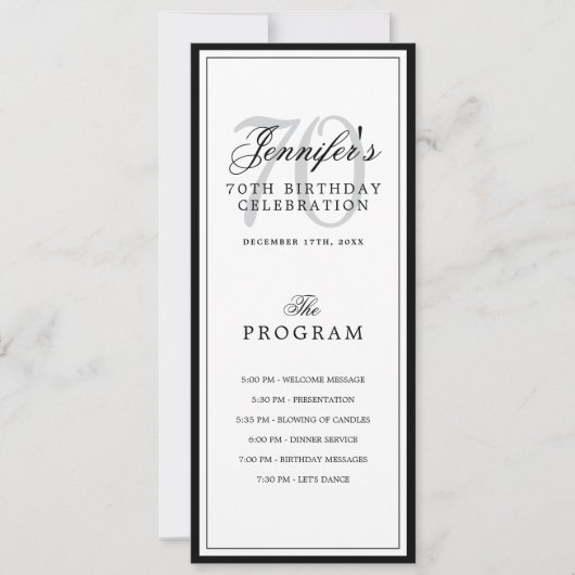 Elegant 70th Birthday Party Program + Menu  Kaart (Voorkant)
