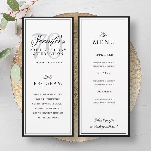 Elegant 70th Birthday Party Program + Menu  Kaart