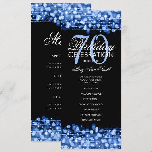 Elegant 70th Birthday Party Program Navy Menu (Voorkant / Achterkant)