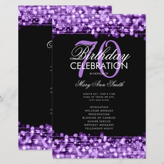 Elegant 70th Birthday Party Program Paars Menu (Voorkant / Achterkant)