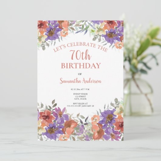 Elegant 70th Birthday Waterverf Floral Invitation Kaart (Staand voorkant)